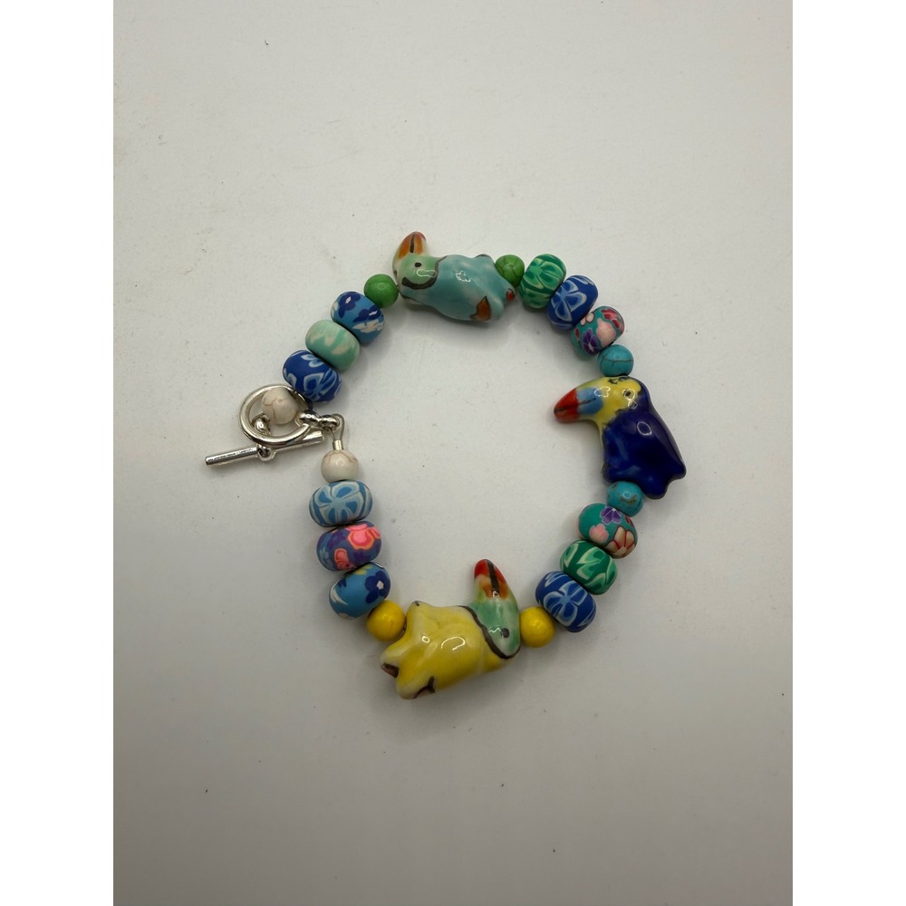 Handmade Ceramic Toucan Bead Bracelet Tropical Floral Clay Beads Toggle Clasp
